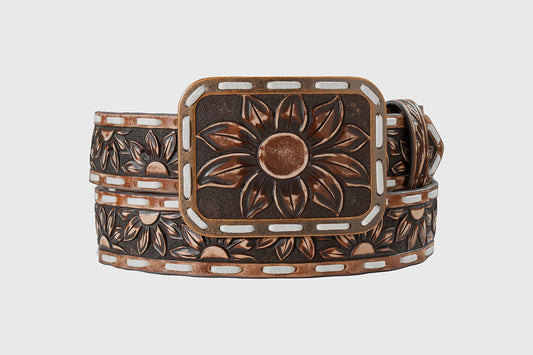 Brown Angle Ranch belt with floral design on a white background