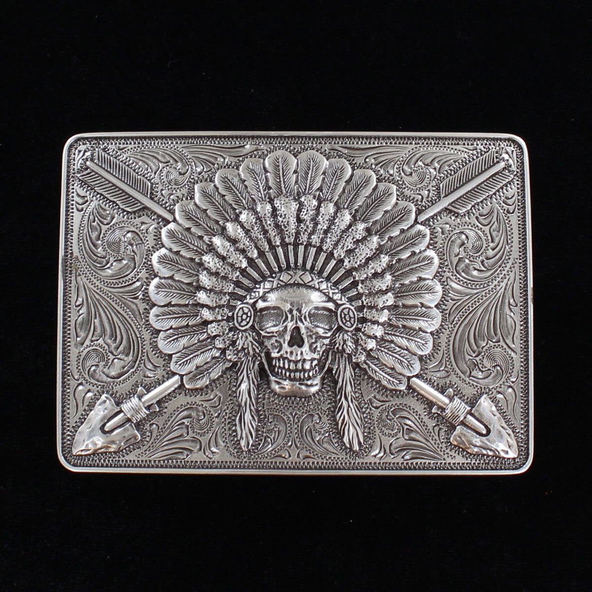 a smooth edge rectangle shaped belt buckle with a skull with a headress and cross arrows