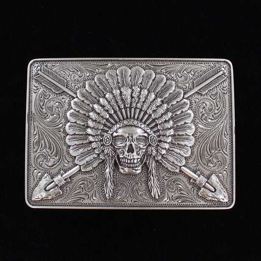 a smooth edge rectangle shaped belt buckle with a skull with a headress and cross arrows
