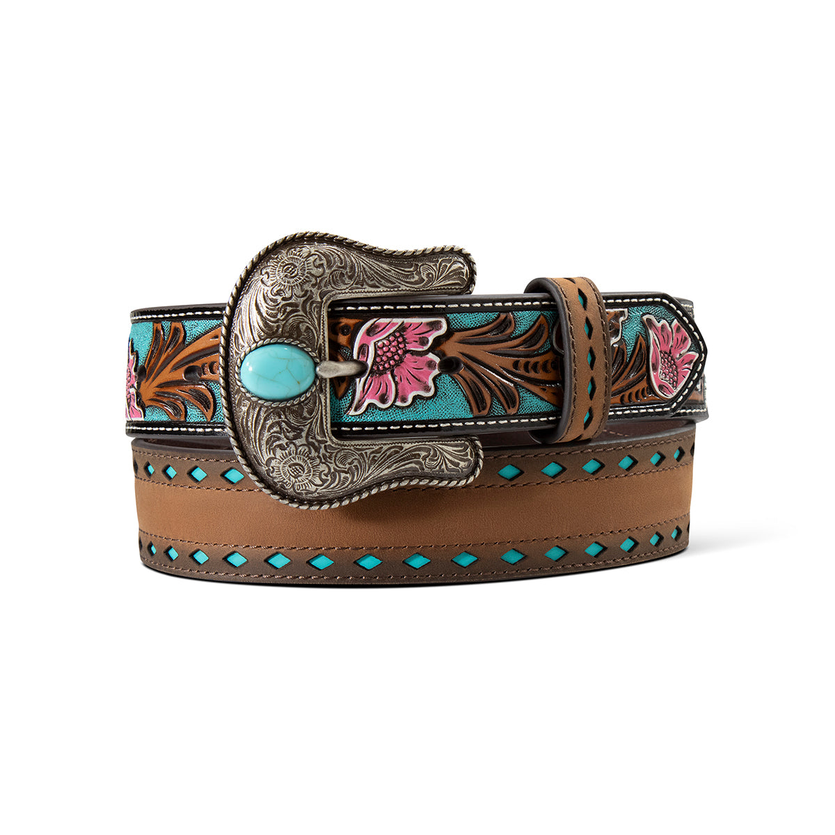 Decorative Ariat belt with floral designs and turquoise accents on a white background