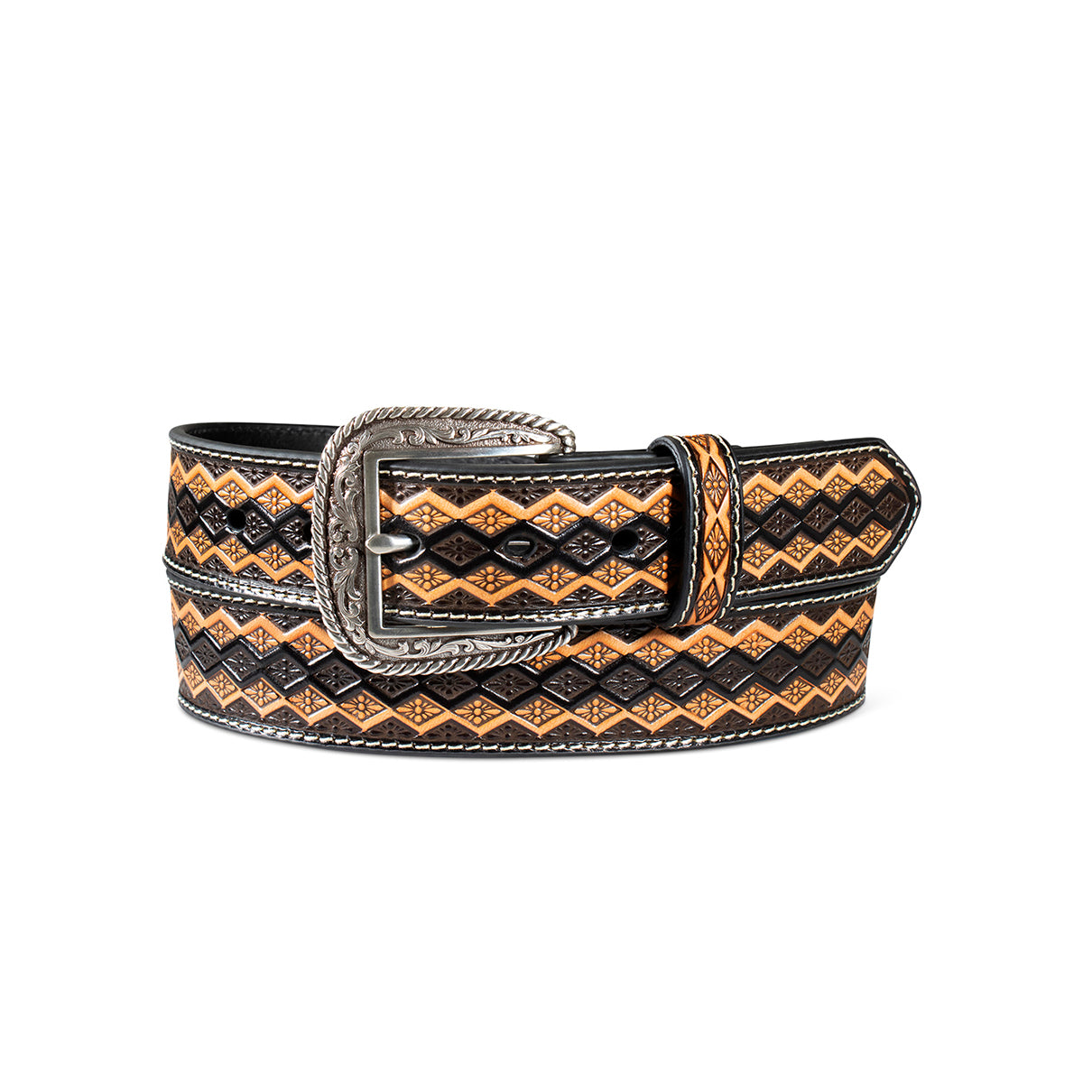 Brown leather Ariat belt with diamond embossing on a white background