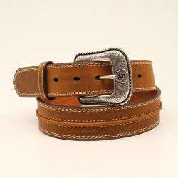 Brown leather Ariat belt with silver buckle on a white background