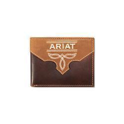 leather bi fold wallet with stitch details and the brand 'ARIAT' on it