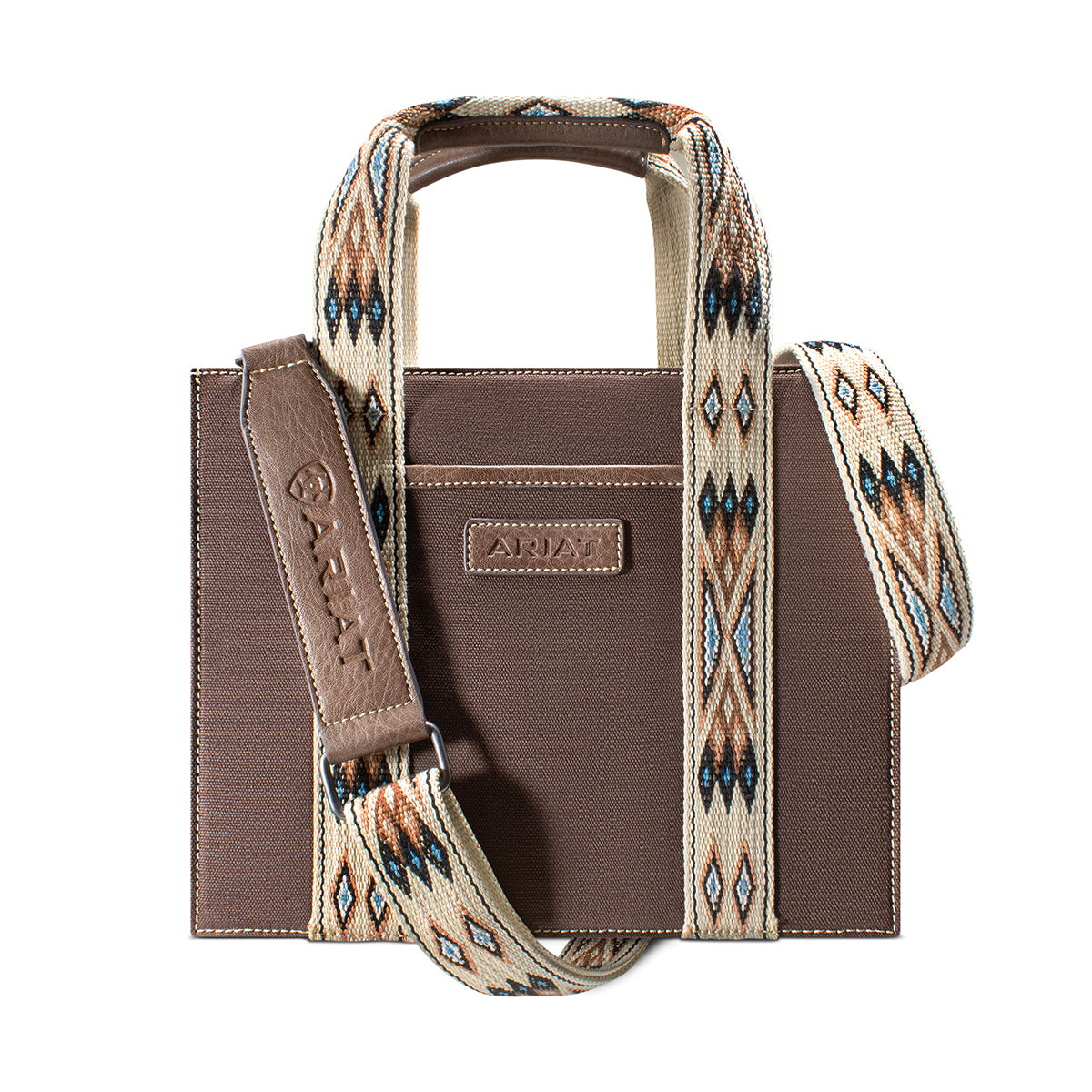 a square brown canvas bag with southwest detail on the straps and handle with 'Ariat' patch