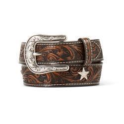 Leather kids belt by Ariat with embossing and star conchos on a white background