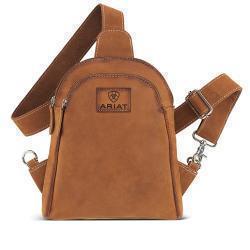 a brown leather sling bag with ariat logo on front on white background
