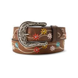 Brown Ariat womens belt with mutli-colored flowers on a white background