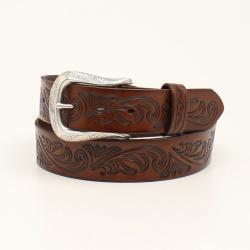Dark brown Ariat leather belt with floral embossing on a white background