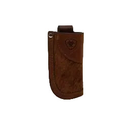 a brown leather hair on hide vertical knife sheath with ariat logo on it