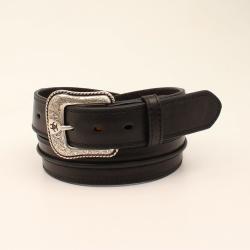 Black leather Ariat belt with a silver buckle on a white background
