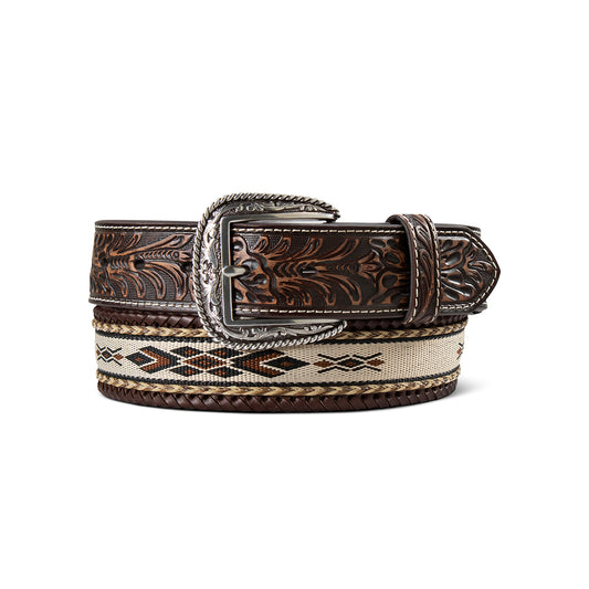 Decorative Ariat belt with intricate design on a white background
