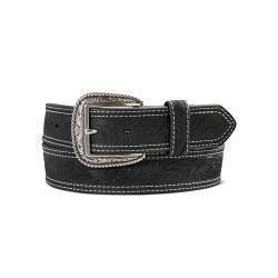 Black leather Ariat belt with a silver buckle on a white background