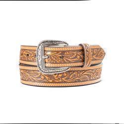 brown Ariat belt with embossed details on a white background