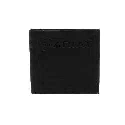 a black leather wallet that has Ariat branding on a white background