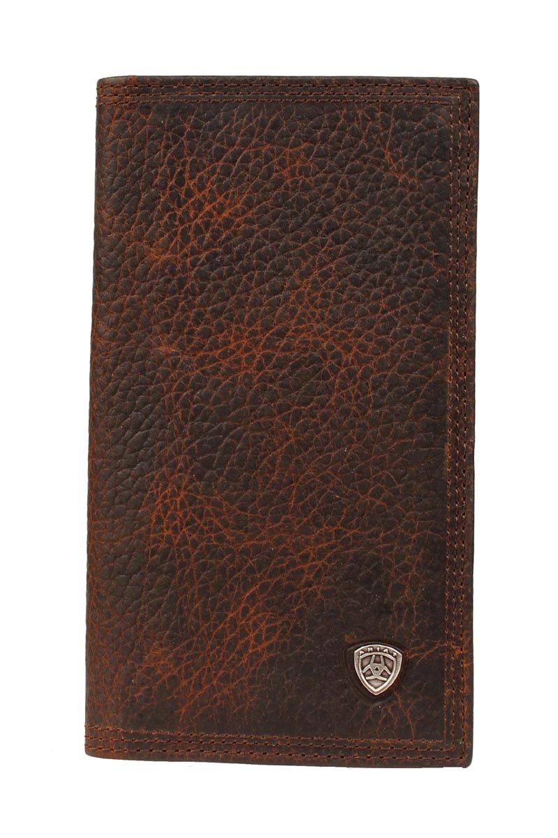 Brown leather wallet with a visible 'ariat' brand logo on a white background