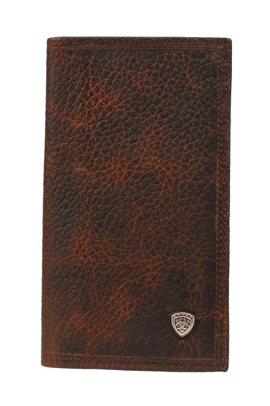 Brown leather wallet with a visible 'ariat' brand logo on a white background