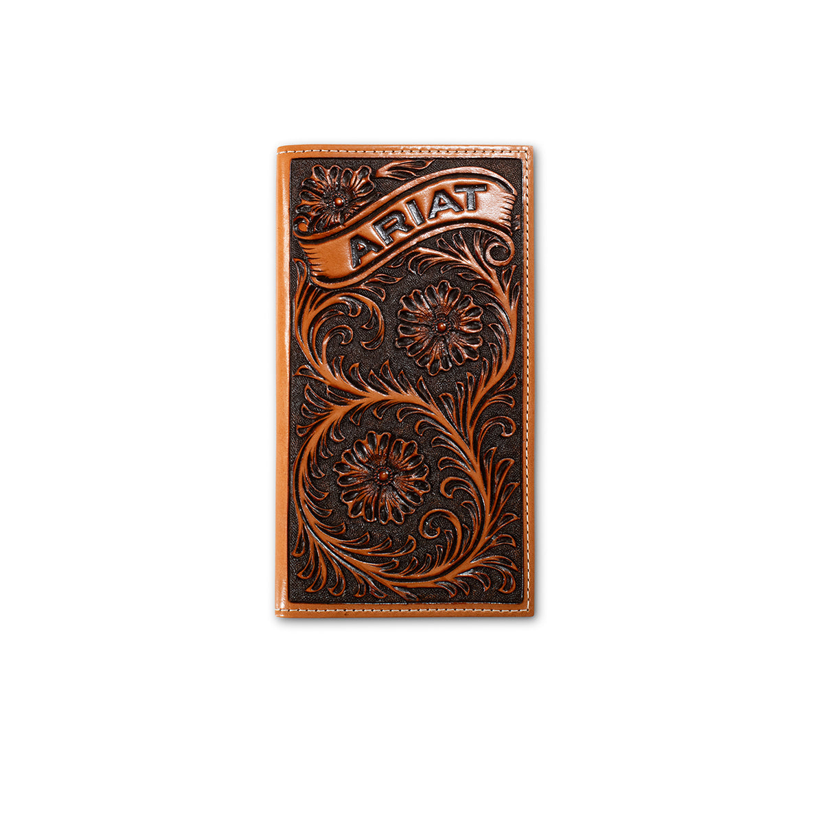 Decorative leather patch with floral patterns and 'Ariat' branding on a white background