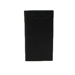 A black leather wallet with ariat branding on it on a white background