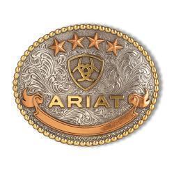 a beaded edge oval belt buckle with copper stars and a banner, and the Ariat logo