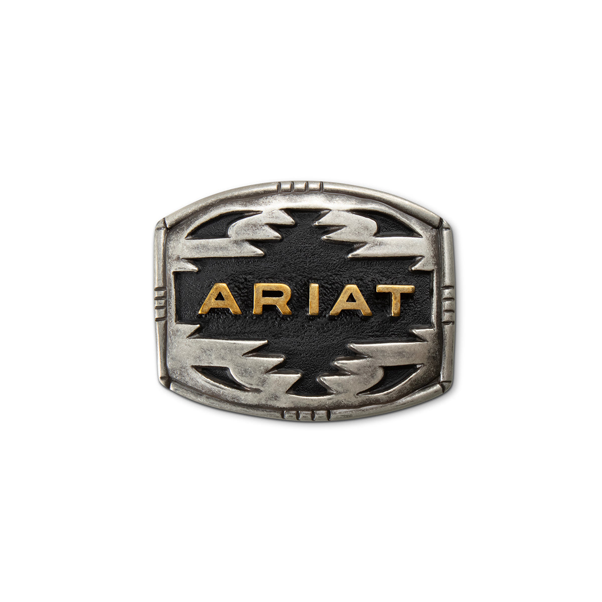antique finish belt buckle with black inlay and gold 'Ariat' lettering