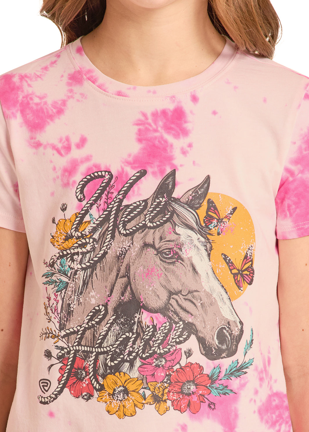 Pink tie-dye Rock&Roll Denim t-shirt with a horse and floral design on a plain background