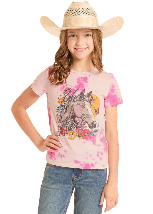 Young girl wearing a pink Rock&Roll Denim t-shirt with a horse graphic and a cowboy hat on a white background