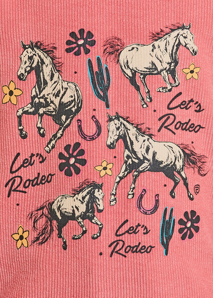 Pink fabric with horse illustrations and 'Let's Rodeo' text on a pink background