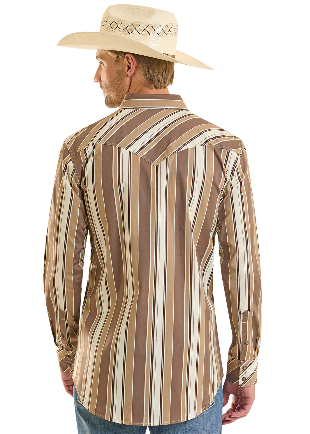 man wearing a brown Panhandle Slim shirt, cowboy hat ad blue jeans on a white background
