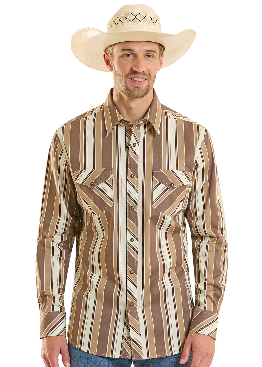 man wearing a brown Panhandle Slim shirt, cowboy hat ad blue jeans on a white background