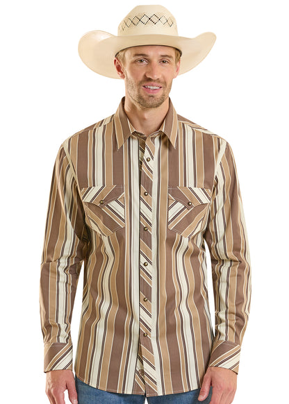 man wearing a brown Panhandle Slim shirt, cowboy hat ad blue jeans on a white background