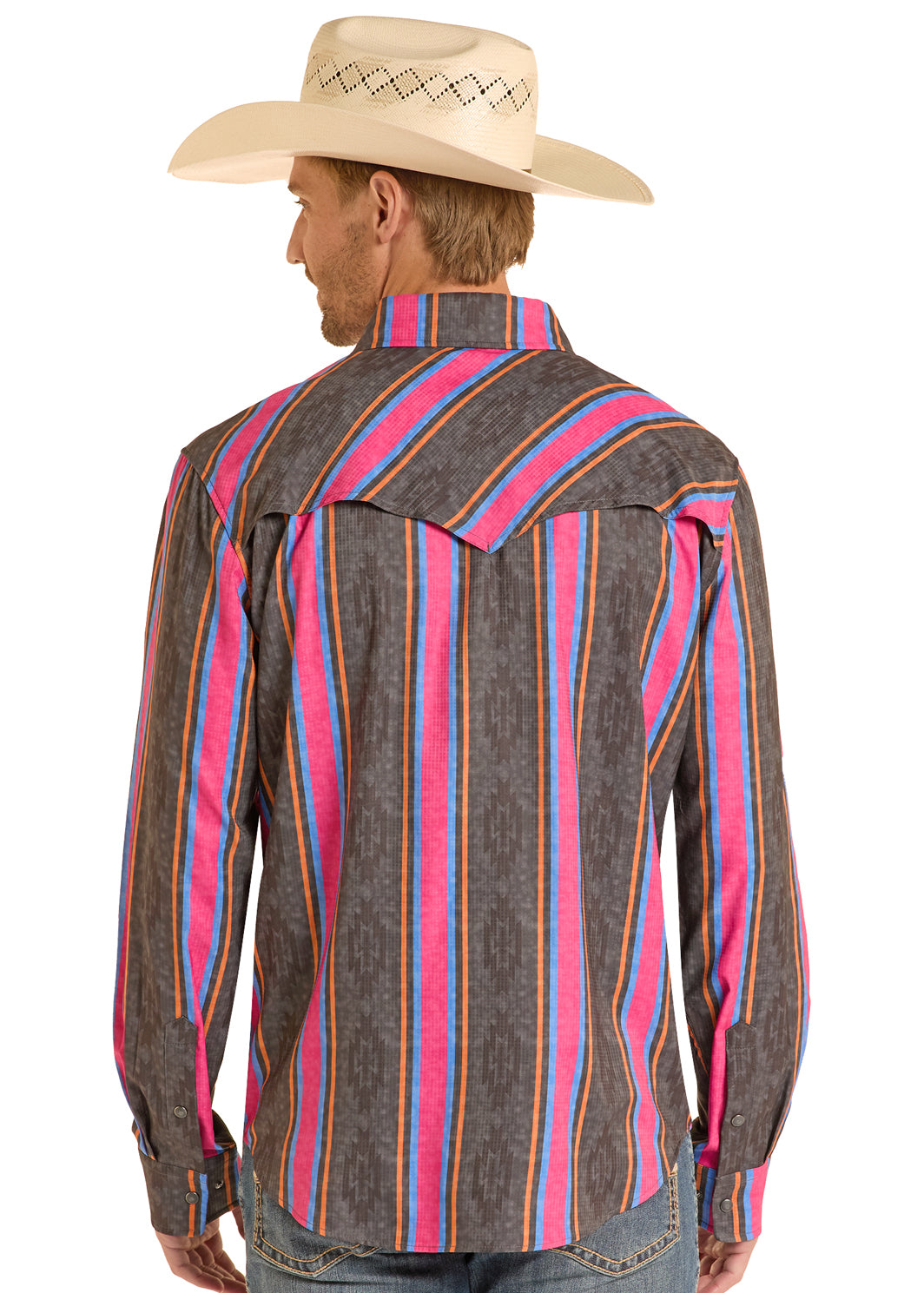 Man wearing a colorful striped shirt and cowboy hat on a white background