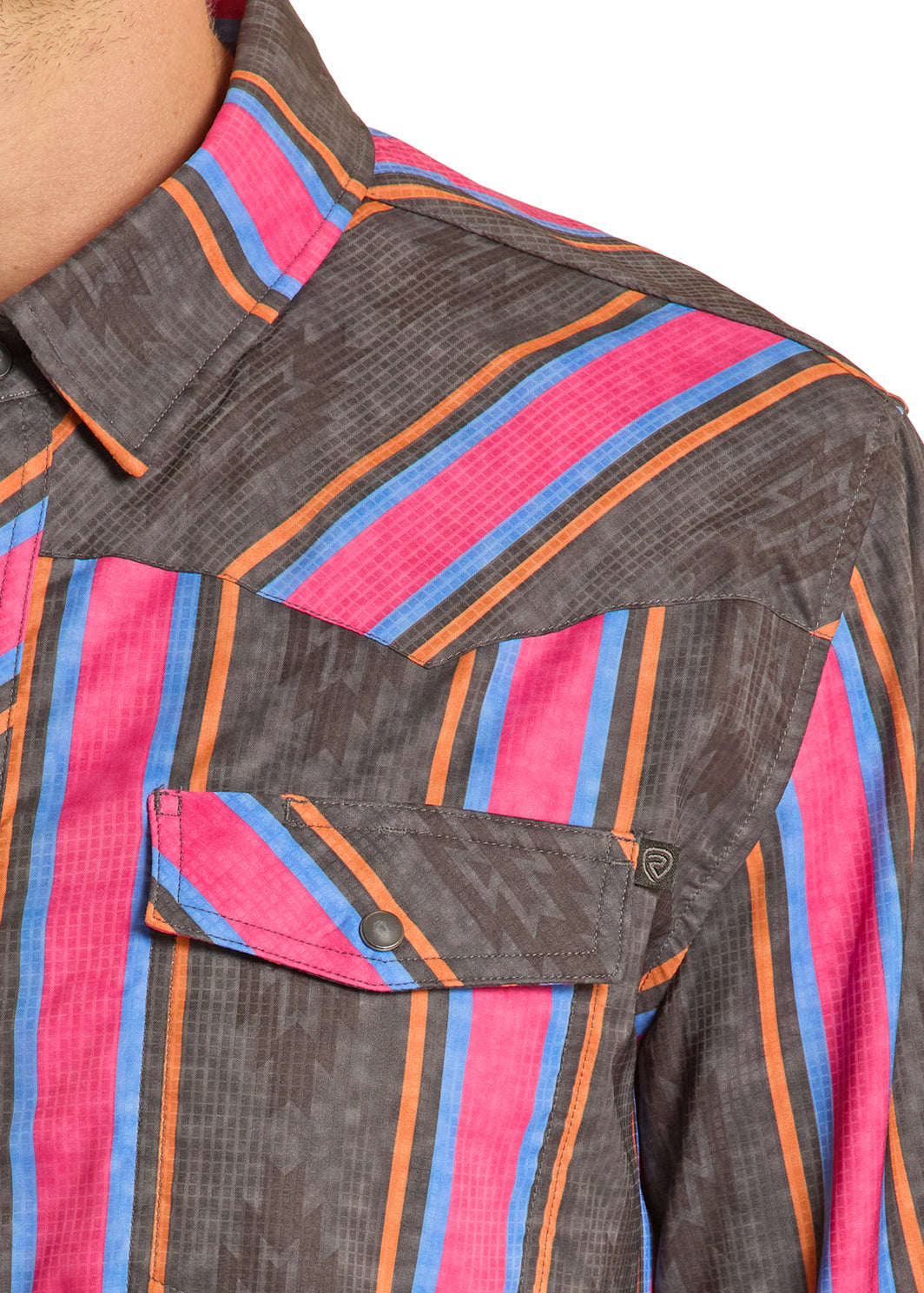 Close-up of a shirt with multicolored striped pattern on a white background