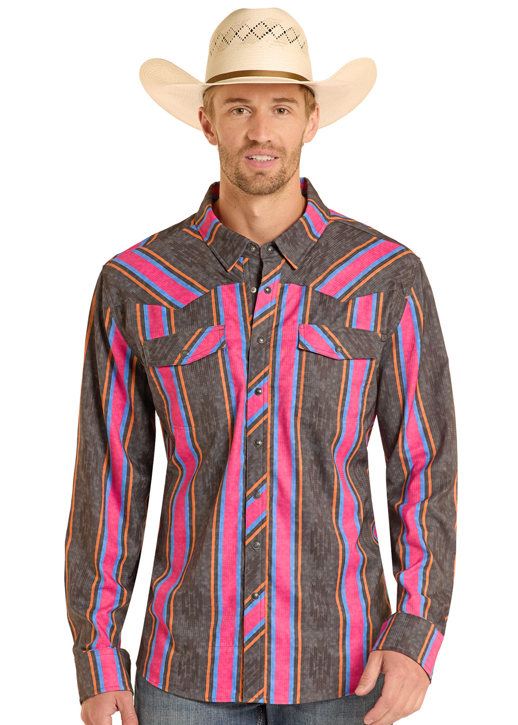 Man wearing a colorful striped shirt and cowboy hat on a white background