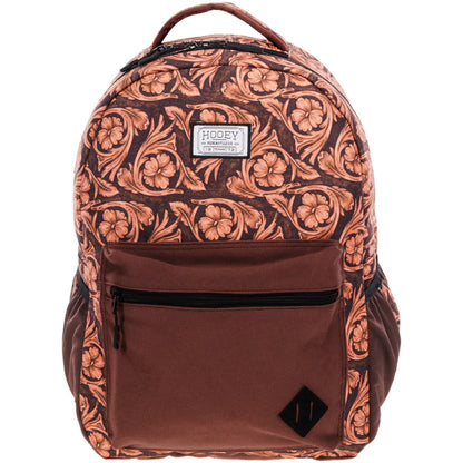Brown floral-patterned Hooey backpack with visible brand label on a white background