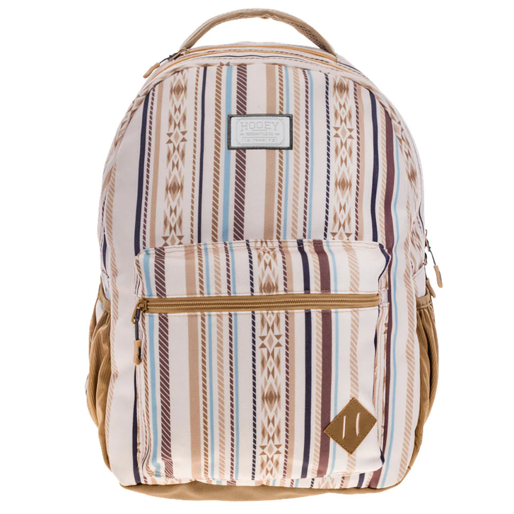 Hooey backpack with striped design in cream and tan colors on a white background
