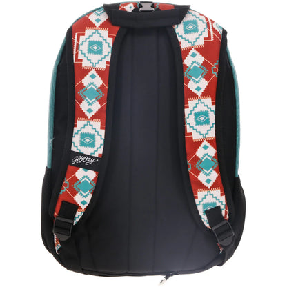 BlackHooey backpack with rust and blue patterned straps on a white background