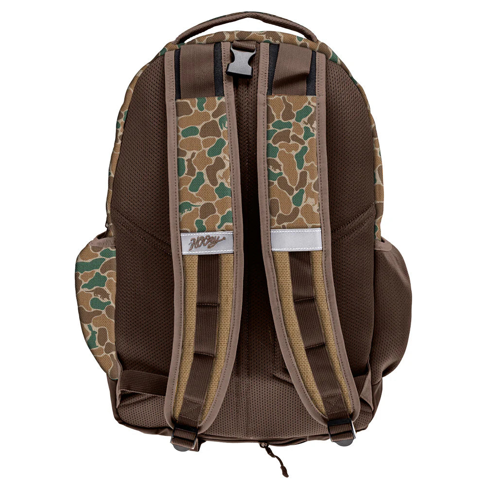 Brown Hooey backpack with camouflage pattern on straps against a white background