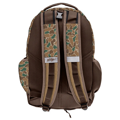 Brown Hooey backpack with camouflage pattern on straps against a white background