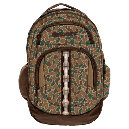 A backpack with a brown and green camouflage pattern and a dark brown Hooey logo on the upper front pocket.