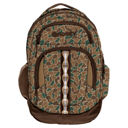 A backpack with a brown and green camouflage pattern and a dark brown Hooey logo on the upper front pocket.