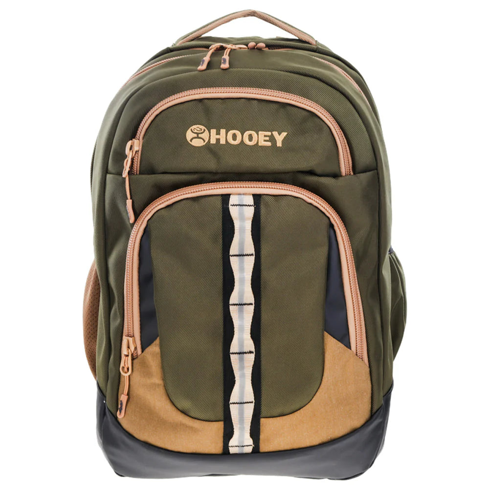 Green and brown backpack with 'Hooey' logo on a white background