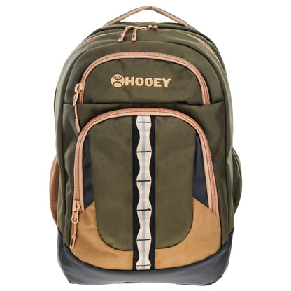 Green and brown backpack with 'Hooey' logo on a white background