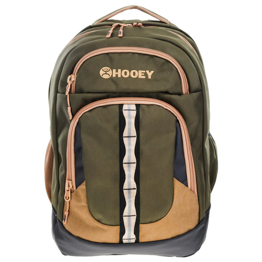 Green and brown backpack with 'Hooey' logo on a white background
