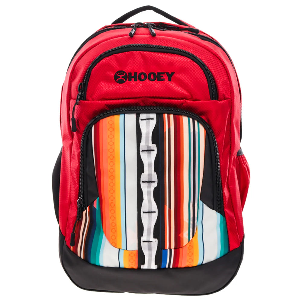 Red Hooey backpack with colorful striped pattern on a white background