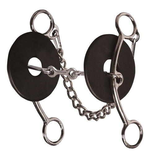 A metal horse bit with black rubber cheekpieces connected by a short chain, shown on a plain white background.