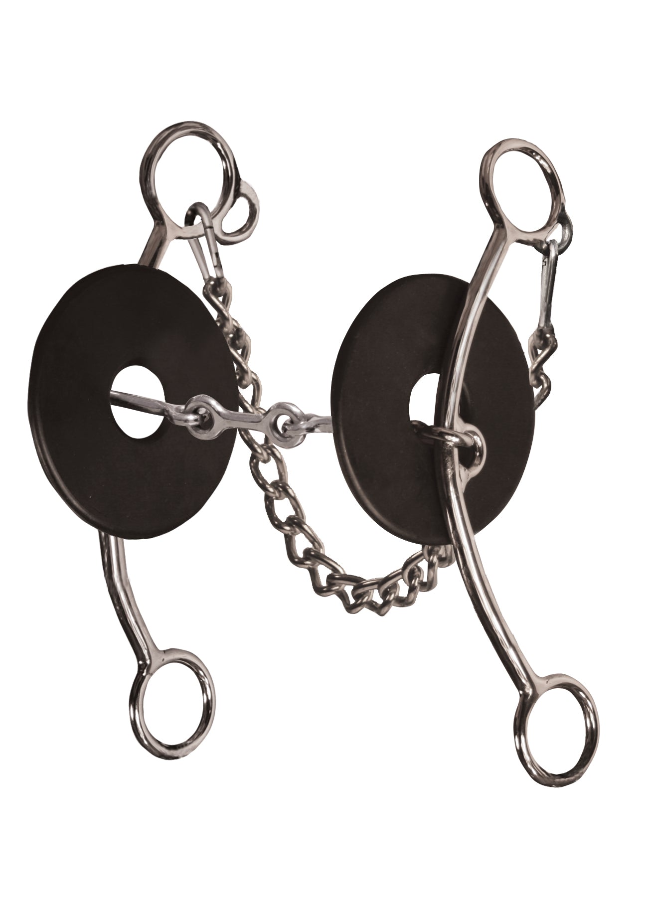 A metal horse bit with black circular plates and a short chain connector, photographed on a plain white background.