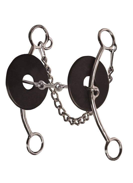 A metal horse bit with black circular plates and a short chain connector, photographed on a plain white background.