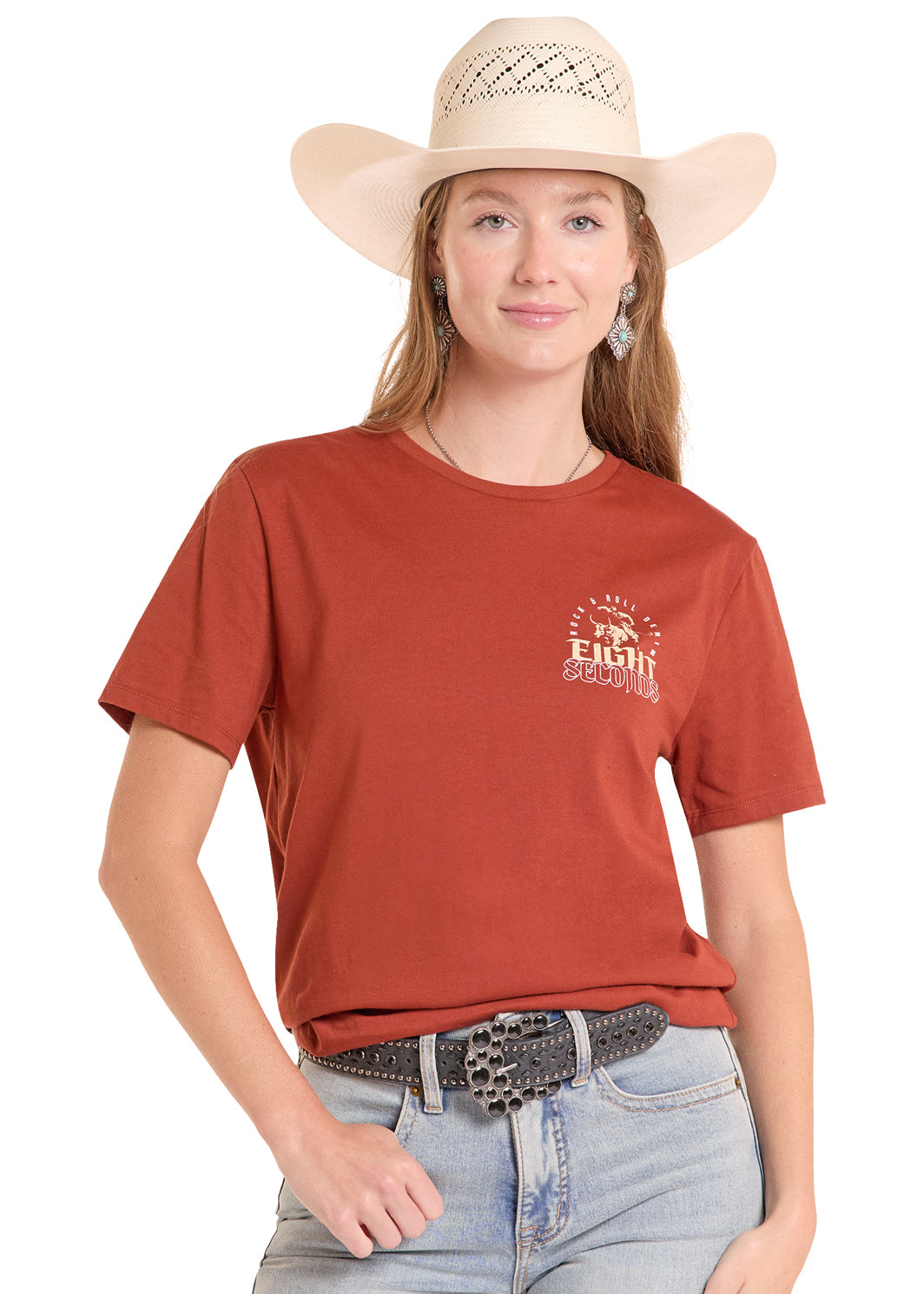 woman wearing a red Rock&Roll Denim tshirt, cowboy hat and blue jeans on a white background