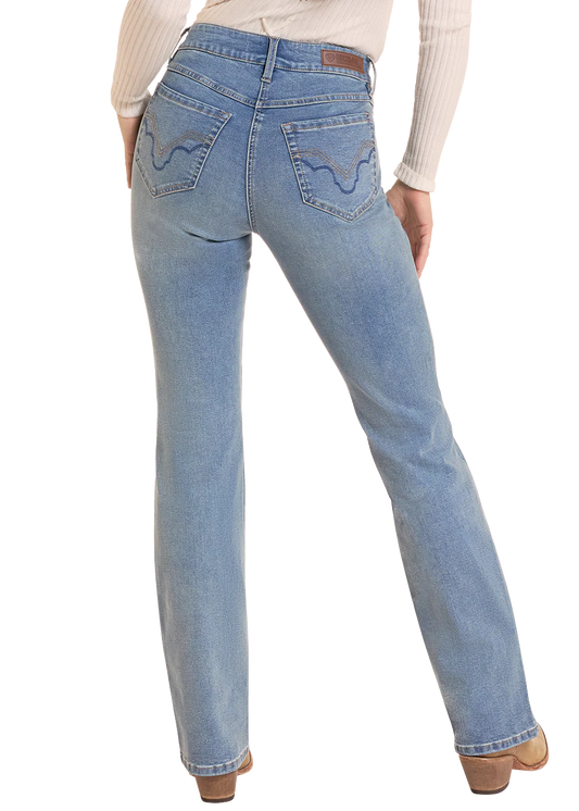 Rear view of a person wearing light blue straight-leg Rock&Roll Denim jeans with decorative stitching on the back pockets, paired with a cream ribbed long-sleeve top and brown shoes, against a white background.