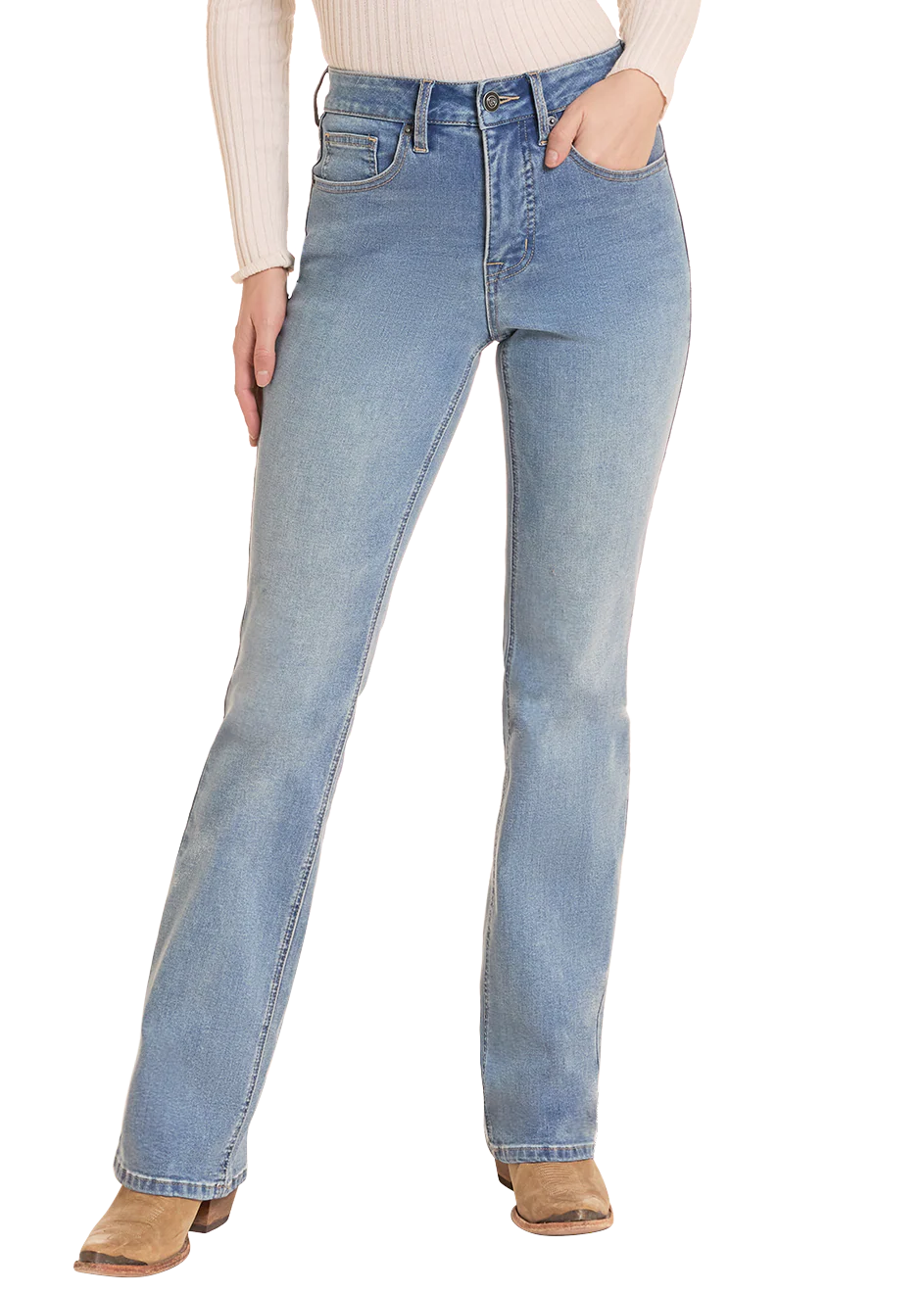 A model wearing a pair of light blue high-rise Rock&Roll Denim flare jeans, styled with a cream ribbed long-sleeve top and brown suede boots, shown against a plain white background.